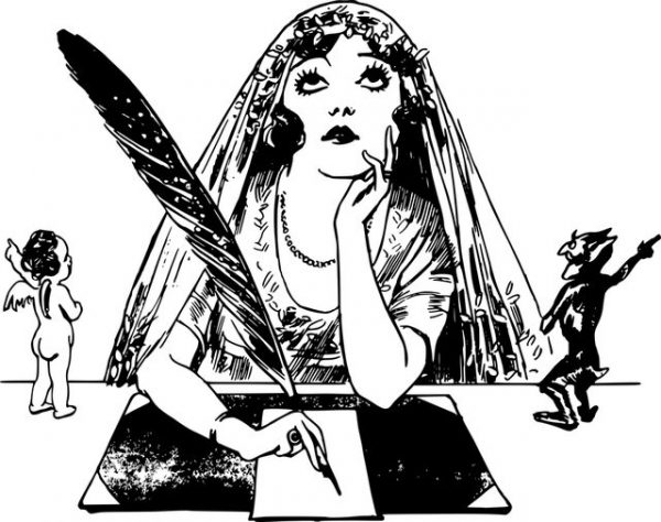 woman writing with quill accompanied by angel and devil